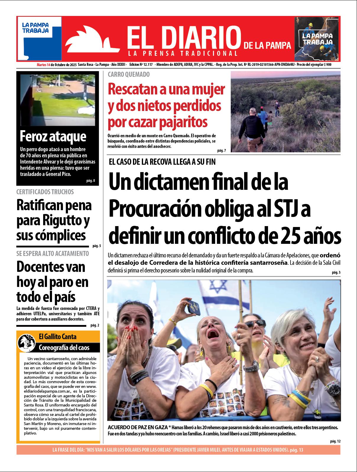Tapa de El Diario en papel  martes 14 de octubre de 2025